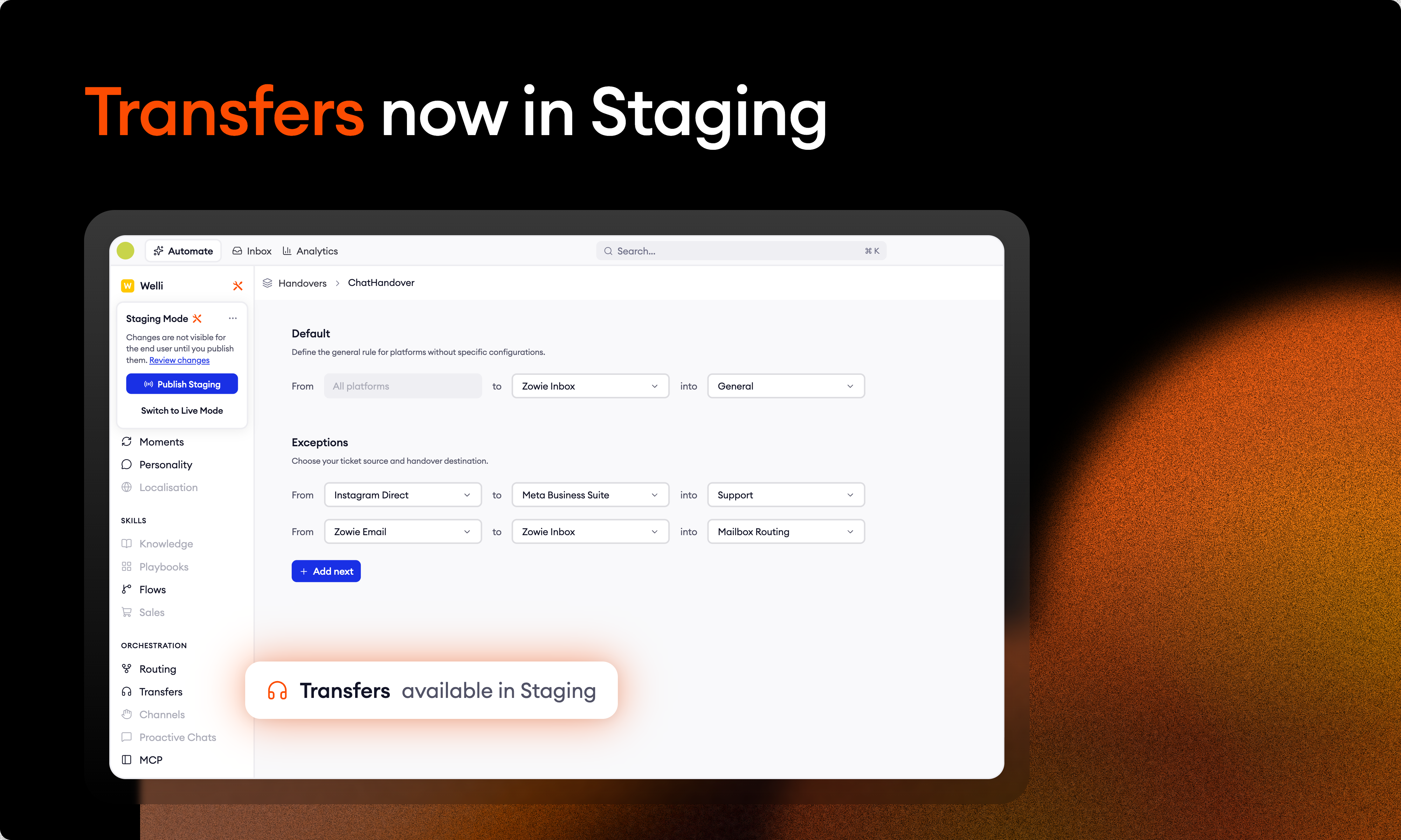 Transfers now work in Staging